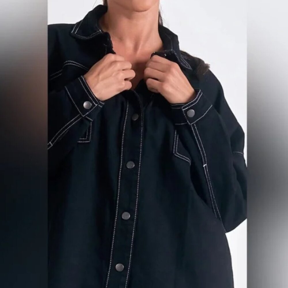 NWT ELAN Contrast Stitch Cotton Snap button front closure Black Shacket S - Picture 5 of 13